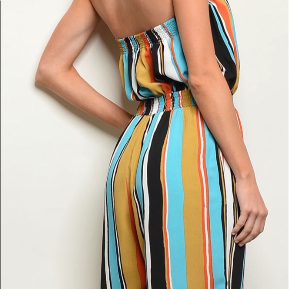 Blue Multi-color Stripe Strapless Elastic Waist Jumpsuit - Picture 4 of 8